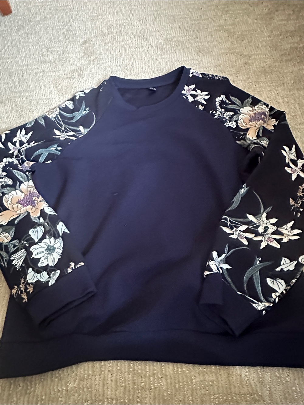 SHEIN Navy Crewneck Sweatshirt with Floral Print Sleeves